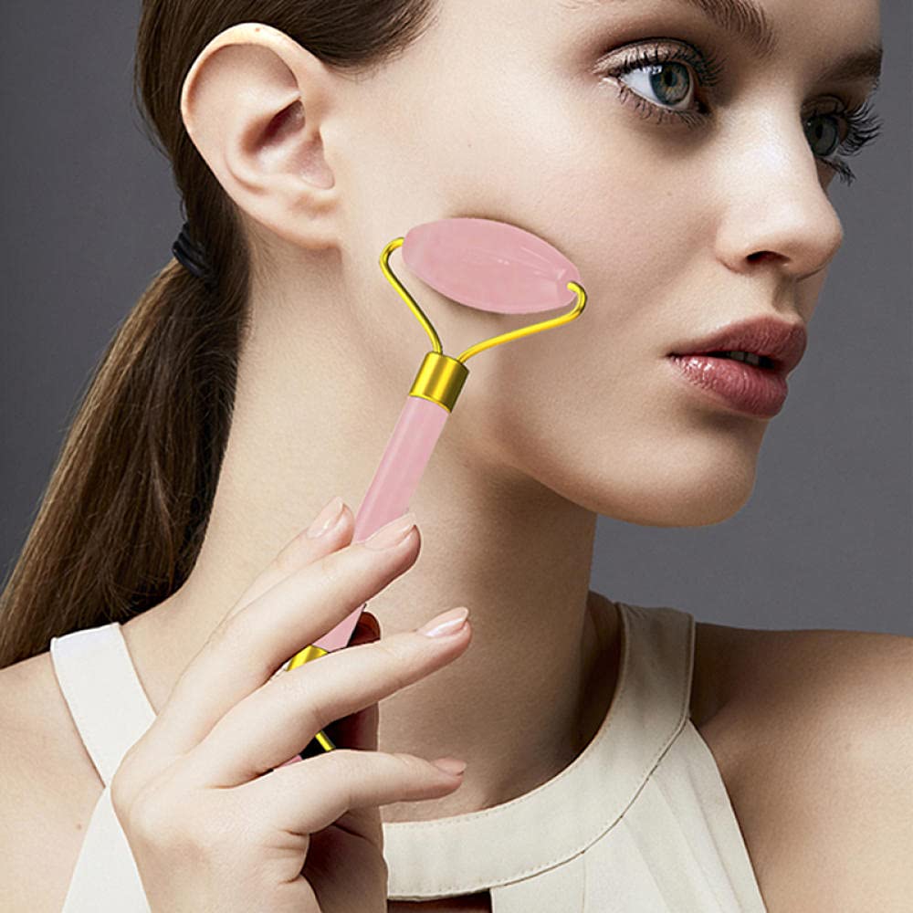 Rodillo de jade de jade de cuarzo rosa Jade natural Rodillo de adelgazamiento anti-cellulita arrugas Gua Sha Sha Shade Masajeador facial Herramienta de elevación facial-todo el juego