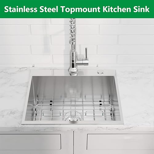 Miniatura 4 de Talllor - Fregadero de cocina de 25 x 22 x 9 pulgadas, de acero inoxidable, para montaje superior, lavabo hecho a mano, grande, profundo, calibre