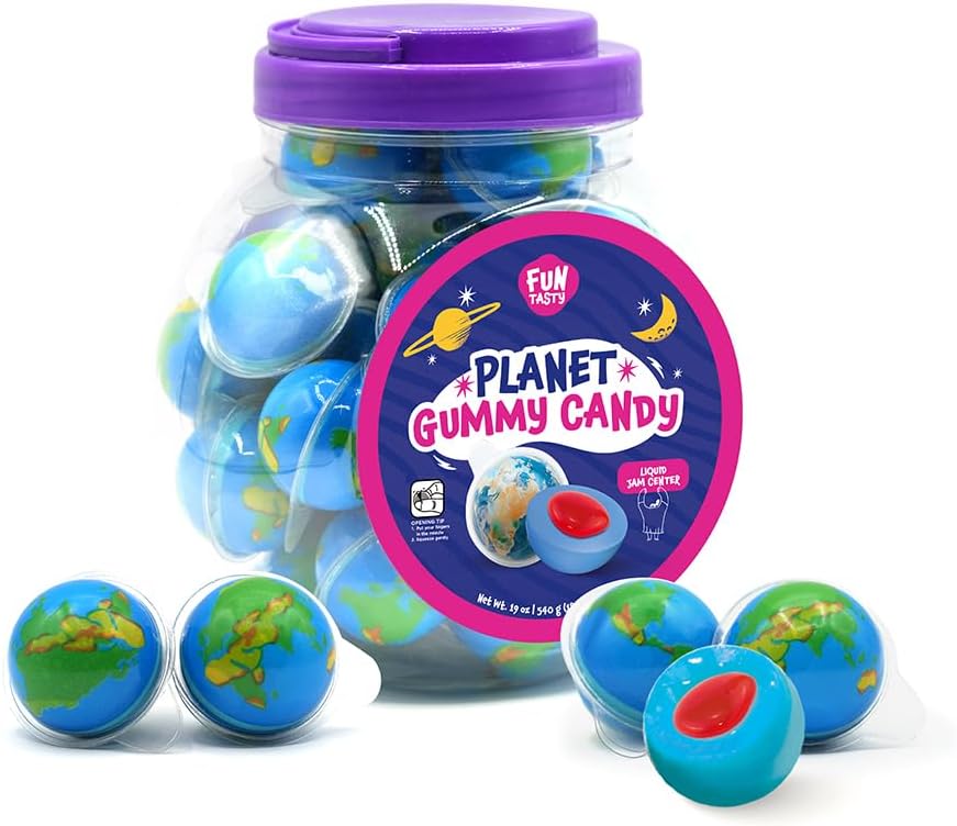 Earth Planet Gummy Balls - 19 Oz Jar (30 Count) - Strawberry Jelly Filled Gummies - Individually Wrapped Gummy Candy - Space Candy - Earth Gummies for Goodie Bags