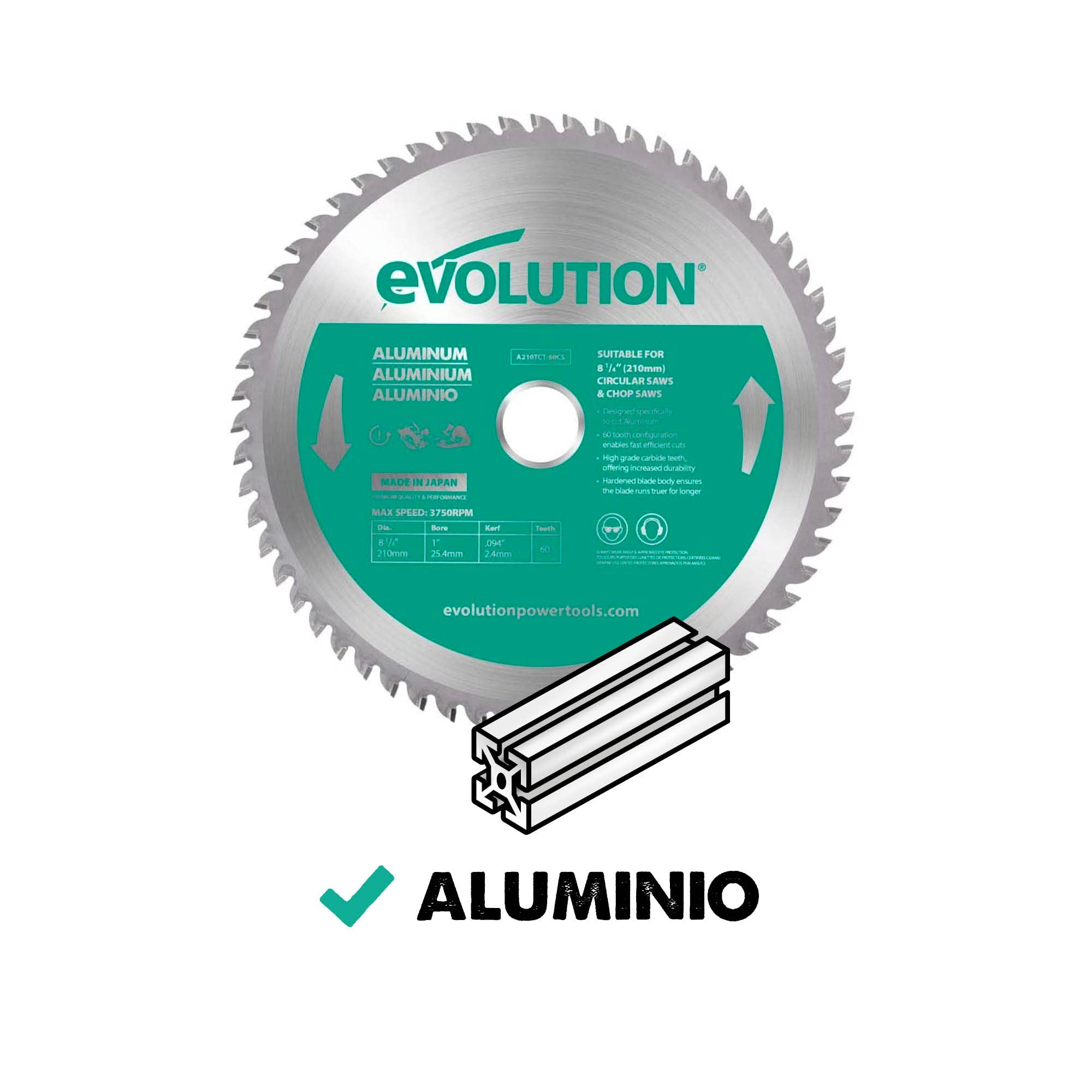 Evolution A210TCT-60CS Hoja de sierra de 210 mm de Evolution para cortar aluminio: la hoja de sierra de metal con punta de carburo no genera calor, rebabas ni chispas