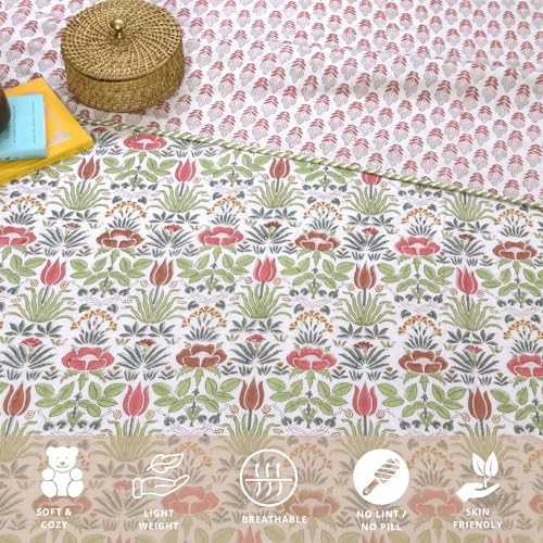 Image of TOAIArt Premium Jaipuri Dohar | AC Blanket Summer Quilt | Hand Block Printed | 3 Layers | Reversible | 150GSM 100% Mulmul Cotton | 100% Cotton Flannel Filling | King 108 inch X 90 inch | Spring Floral