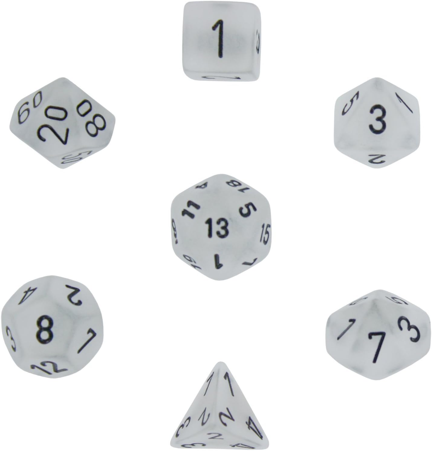 Polyhedral 7-Die Frosted Dice Set - Clear with Black