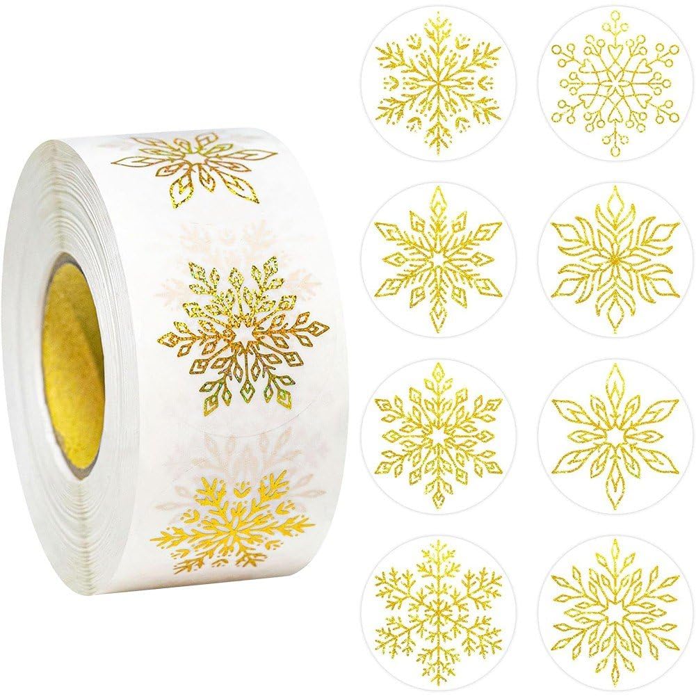 Vbsqic Clear Christmas Stickers 500pcs/roll Gold Foil Snowflake Stickers Winter Holiday Round Adhesive Label Sticker Decal for Envelopes Invitations Cards