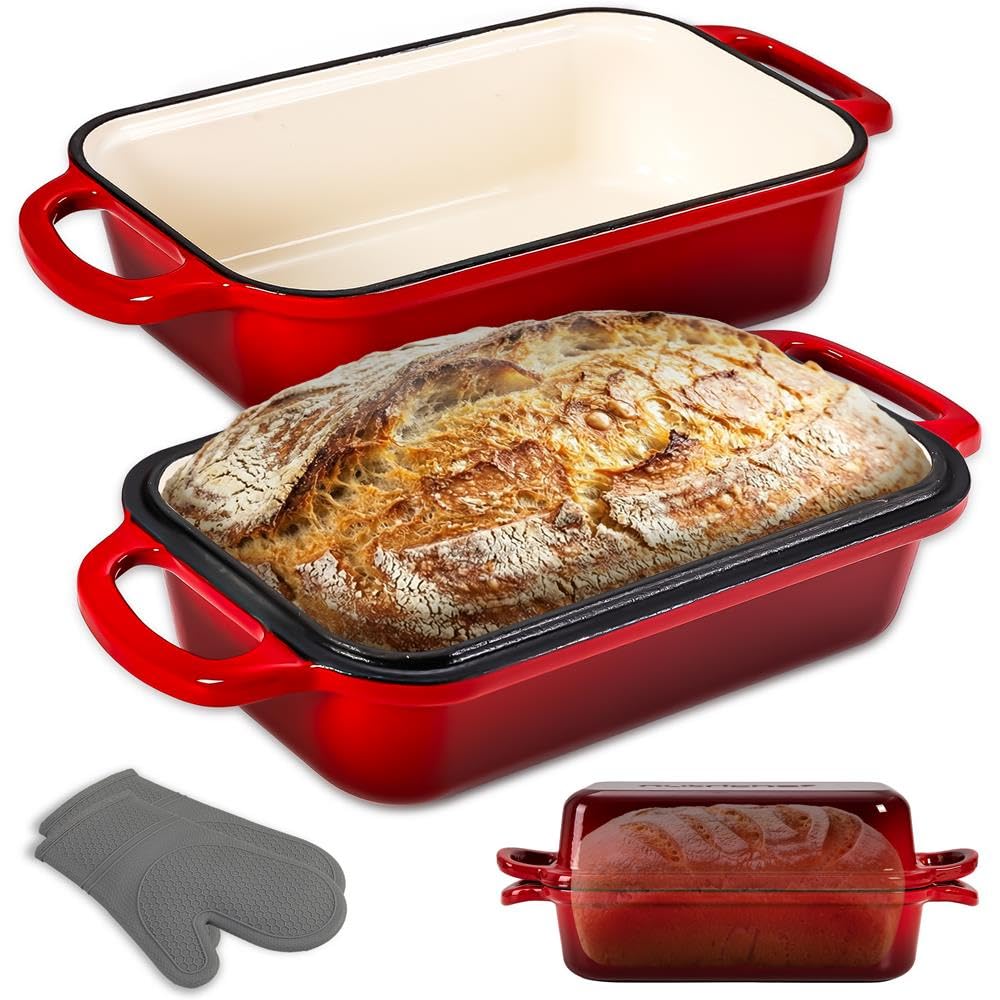 NutriChef Gusseisen Topf - Brotbackform mit Deckel - 22,9 cm Kastenform für Sauerteigbrot, emailliert, inkl. Silikonhandschuhen, spülmaschinenfest, Rot