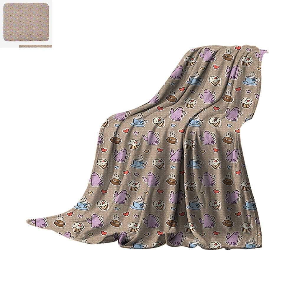 Tea Party Throw Blanket Coffee Bean Kettles and Cupcakes with Heart Frosting on Polka Dotted Background Warm Microfiber All Season Blanket for Bed or Couch 50"x30" Multicolor