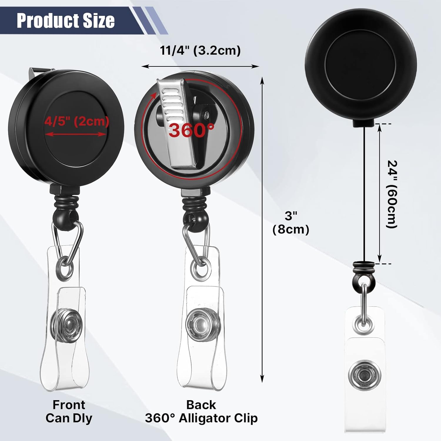 Fulmoon 100 Pcs Translucent Retractable Badge Reels Round ID Badge Holders Nursing Name Reels with Swivel Alligator Clip and Vinyl Card Strap for Nurses Volunteer Students Teachers(Black) - Image 2