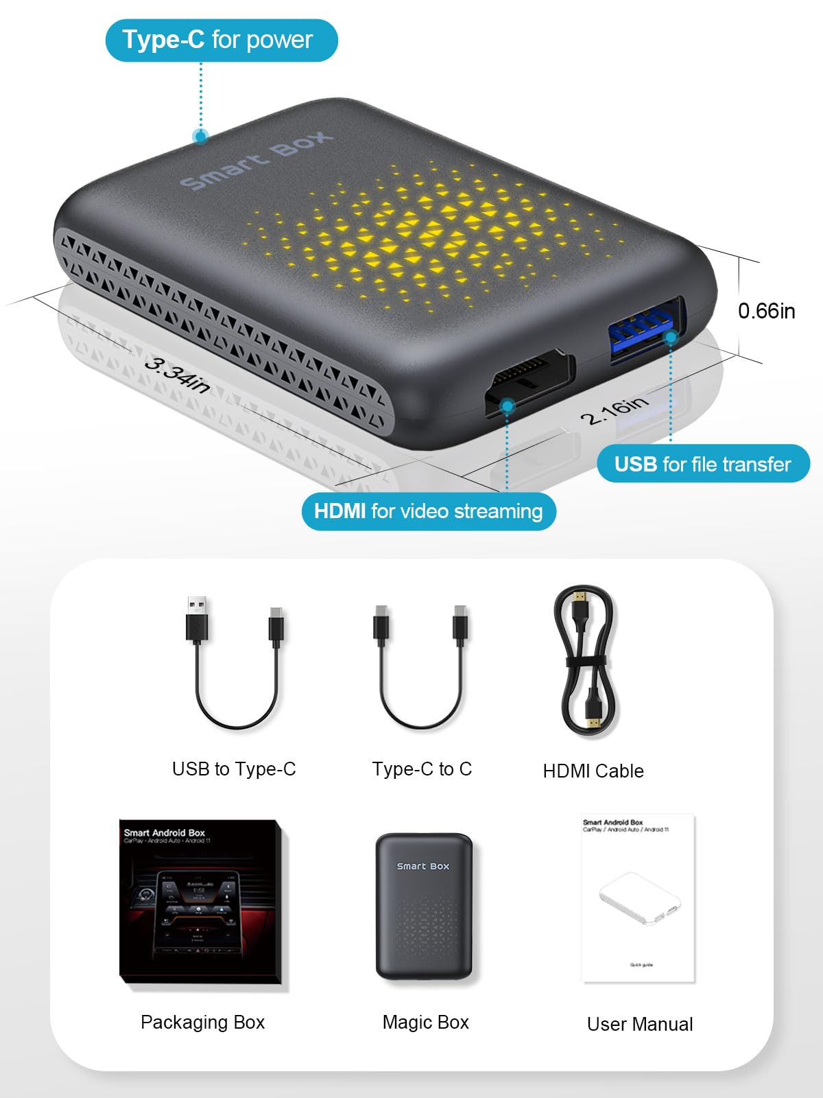 CarPlay Adaptador Inalámbrico 3 en 1 para Apple CarPlay y Android Auto, Módulo AI Box con Netflix, Youtube, TikTok