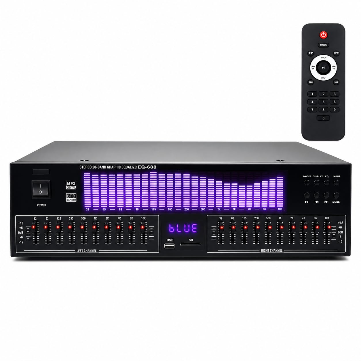 Égaliseur graphique stéréo 20 bandes avec affichage du spectre LED, réglage ± 12 dB, réduction du bruit, 15 styles dynamiques, télécommande pour système audio domestique