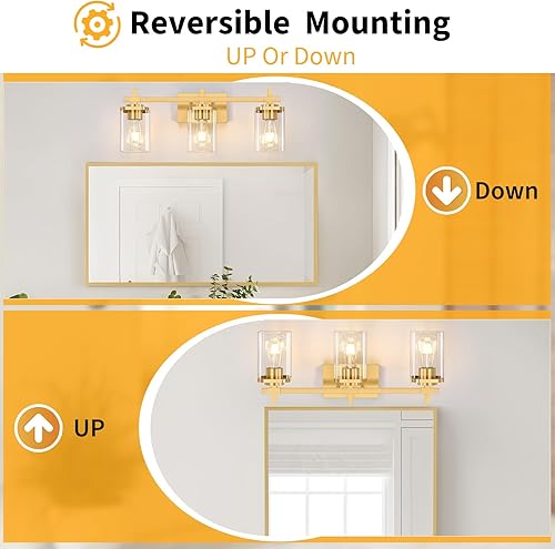 Miniatura 10 de 2 luces de tocador de baño, lámparas de baño negro mate sobre el espejo, apliques de pared de baño con pantalla de vidrio transparente, lámpara de