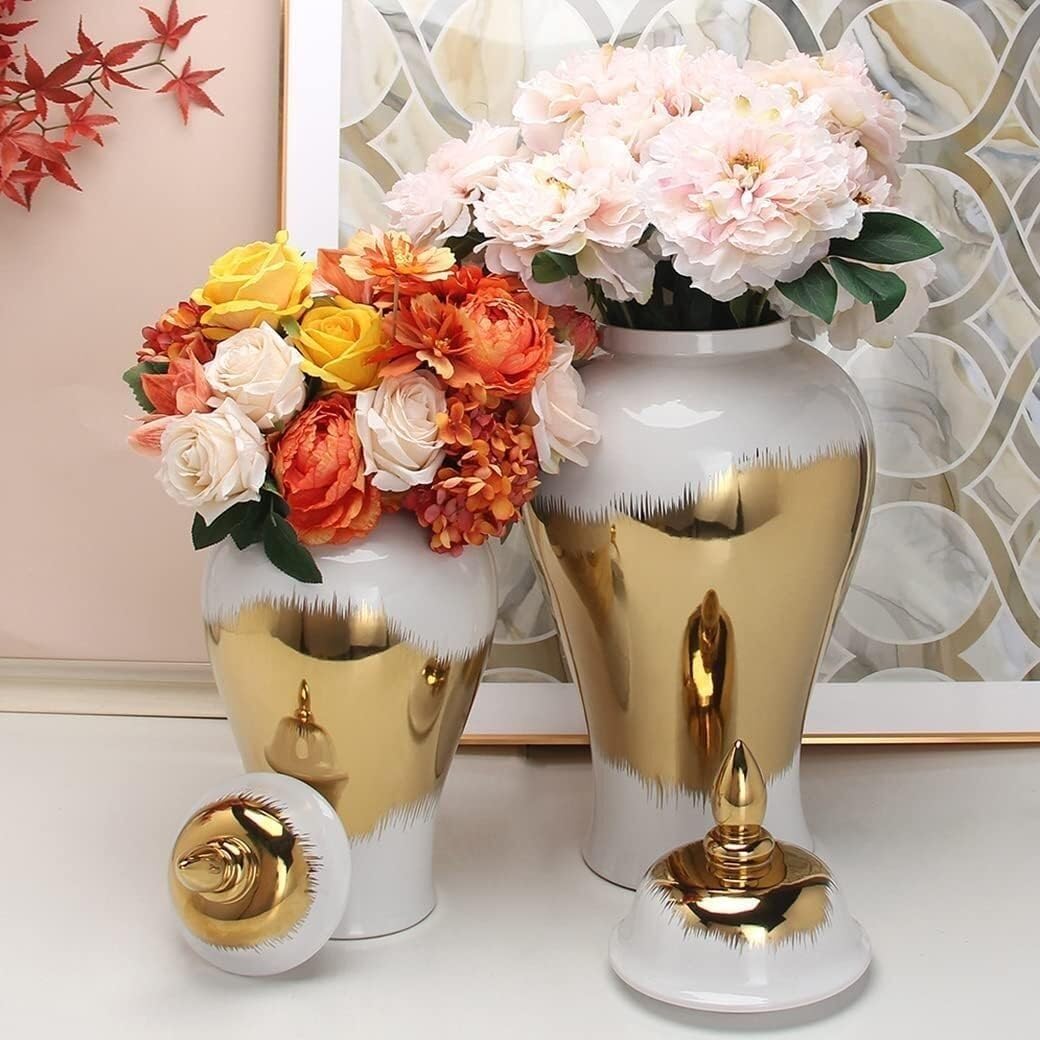 Home Decor Vaso di zenzero decorativo in ceramica vasi floreali con coperchio Vaso di zenzero con finiture in oro Barattoli di porcellana Vaso cinese