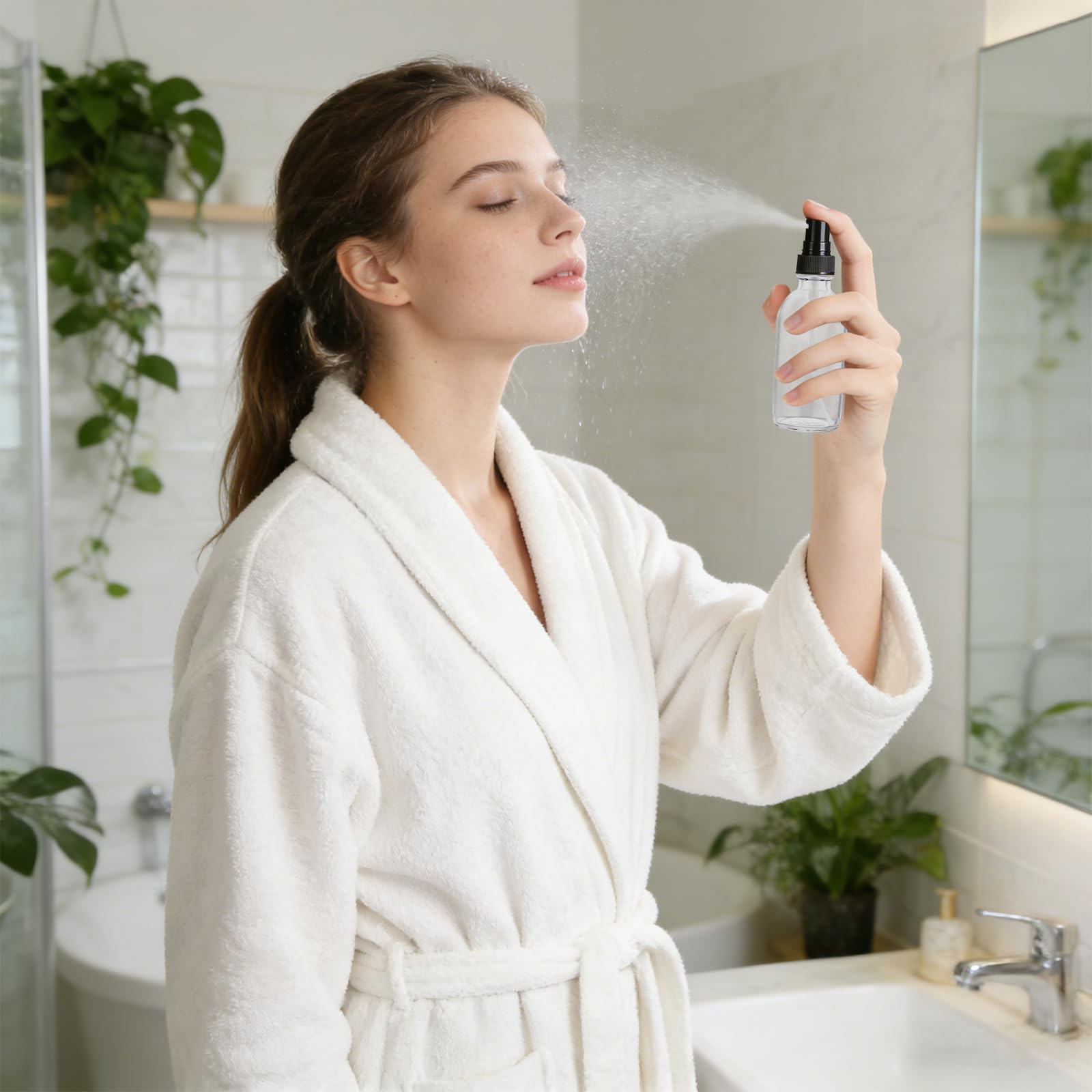Confezione da 48 flaconi spray in vetro trasparente, ricaricabili, per oli essenziali, soluzioni detergenti, piante, cura dei capelli e viaggi, a prova di perdite