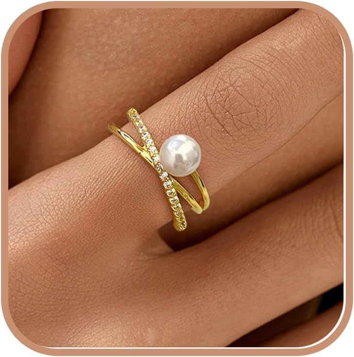6mm Pearl Ring for Women Dainty X Criss Cross Gold Pearl Ring Stackable 925 Sterling Silver Cubic Zirconia Open Ring Promise Rings for Mom Birthday Mother's Day Easter Wedding Jewelry Gifts