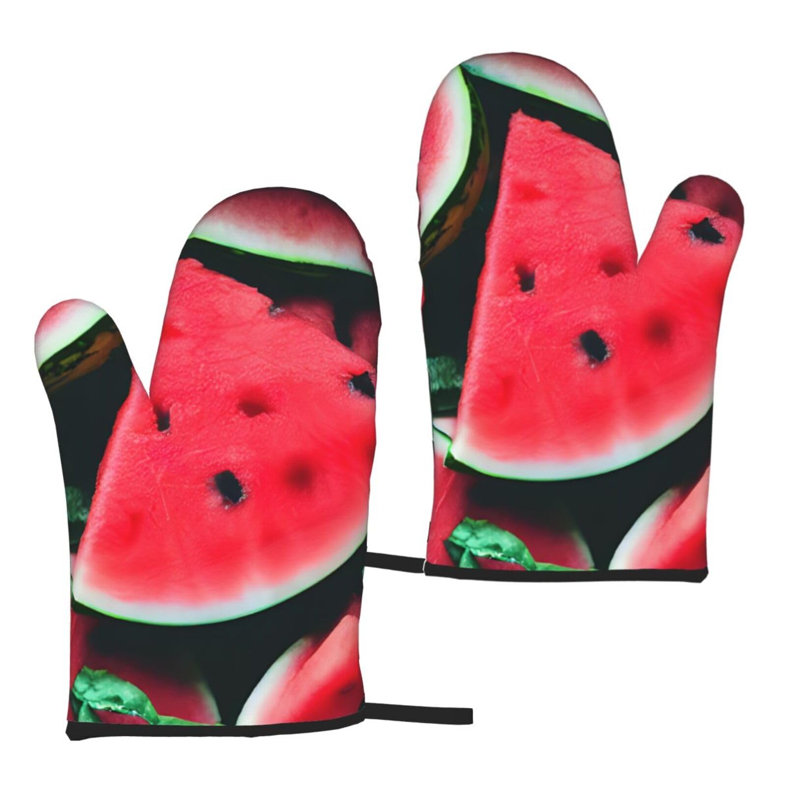 Nimongt Women's Black Red Watermelon Print Adults Universal Fit Heat Resistant Oven Gloves Reusable Cooking Outdoor Grilling