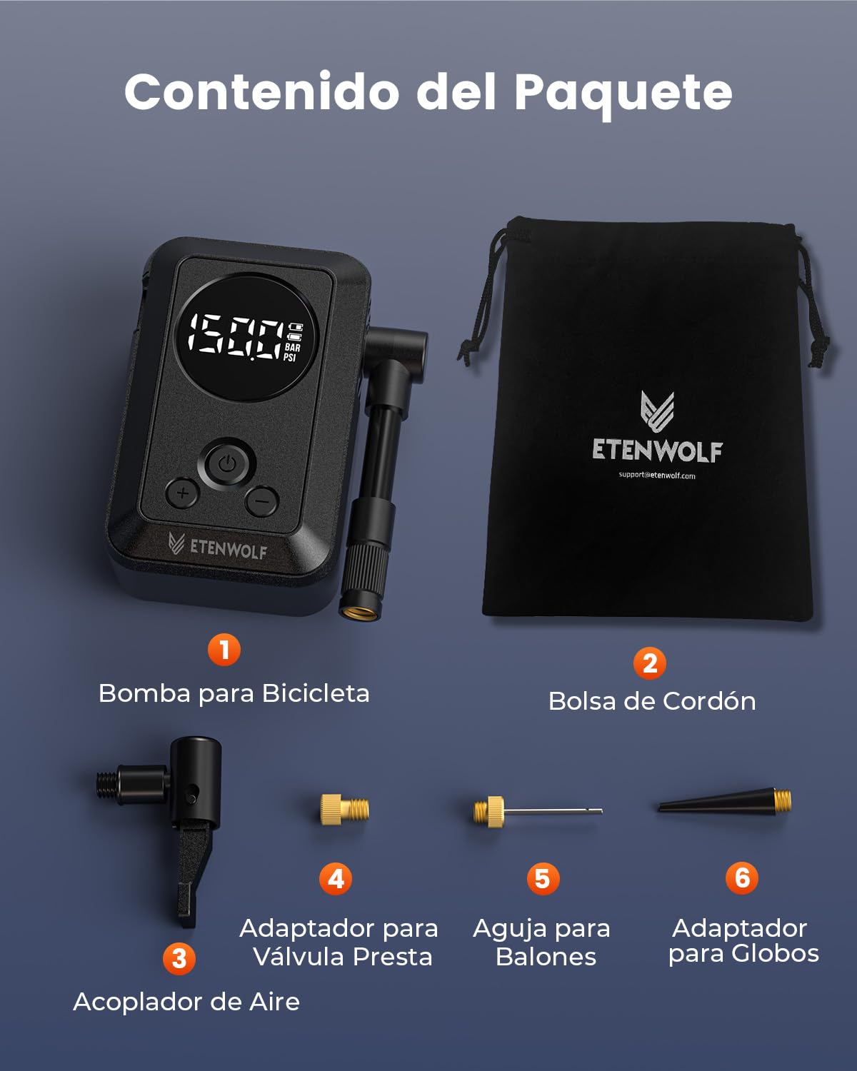 ETENWOLF Mini Bomba de Aire Bicicleta - 10,35 Bar Inflador Bicicletas | para Bicicletas, Coches, Motocicletas - Inflado Rápido y Parada Automática