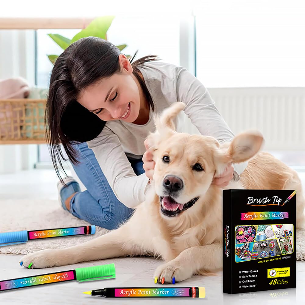 48 Couleurs Marqueurs Acrylique, Marqueur Pointe Extra-Fine, Marqueur Peinture À Base D'Eau Séchage rapide, pour toile, plastique, métal, bois et pierre, Stylo à ongles pour animaux de compagnie