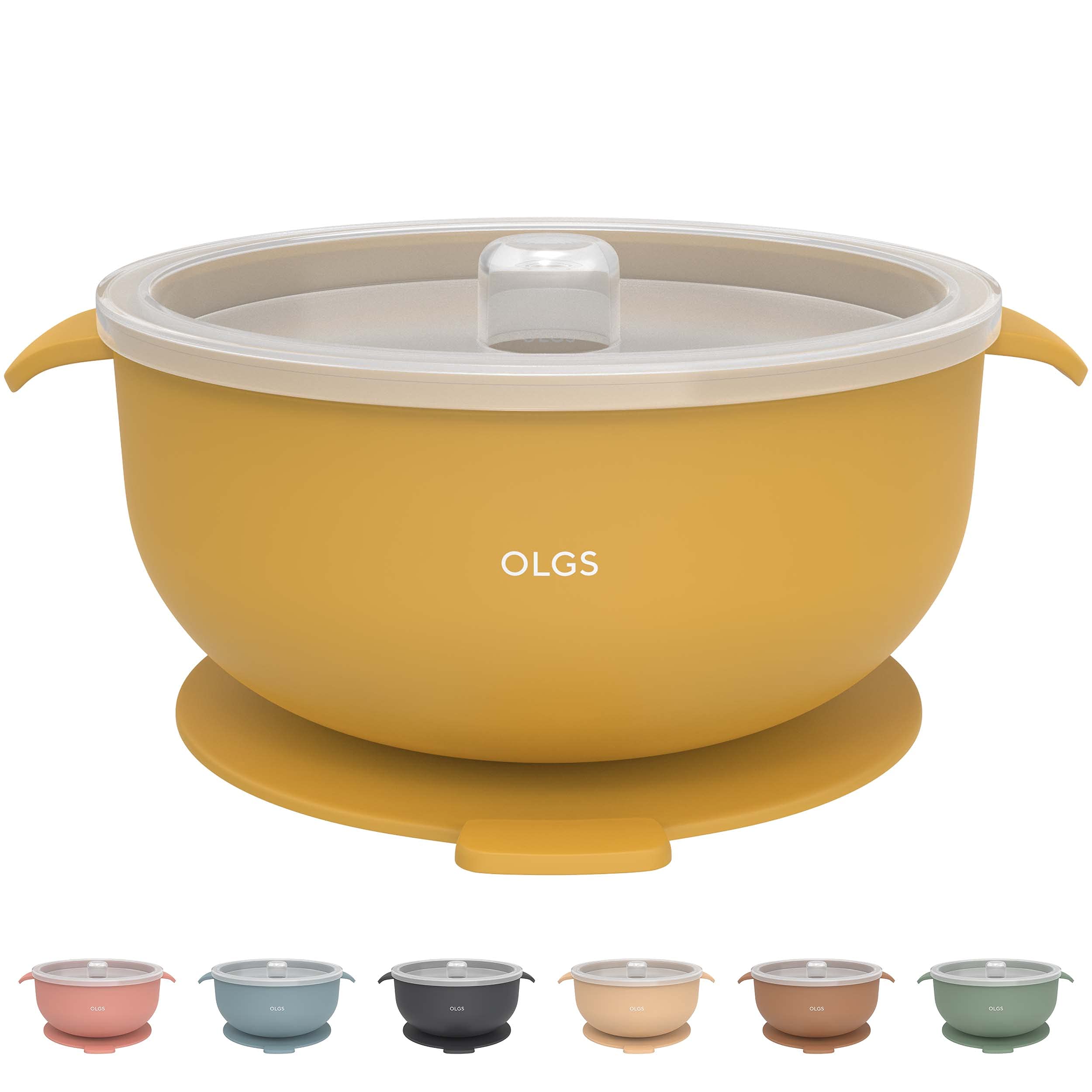 Olgs Silikon Schüssel mit Deckel & Saugnapf für Baby und Kinder | Breischale rutschfest Senf, Gelb | Kindergeschirr Silikonschüssel für Junge/Mädchen | BPA-frei, Spülmaschinenfest (Mustard)
