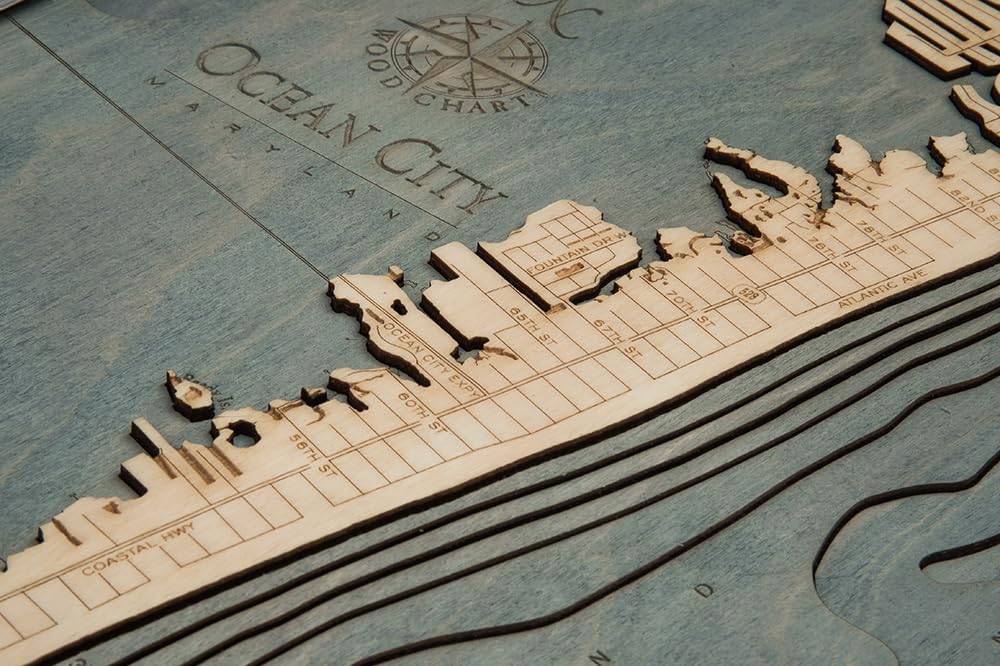 Ocean City, Maryland 3-D Nautical Wood Chart, White Frame, 13.5