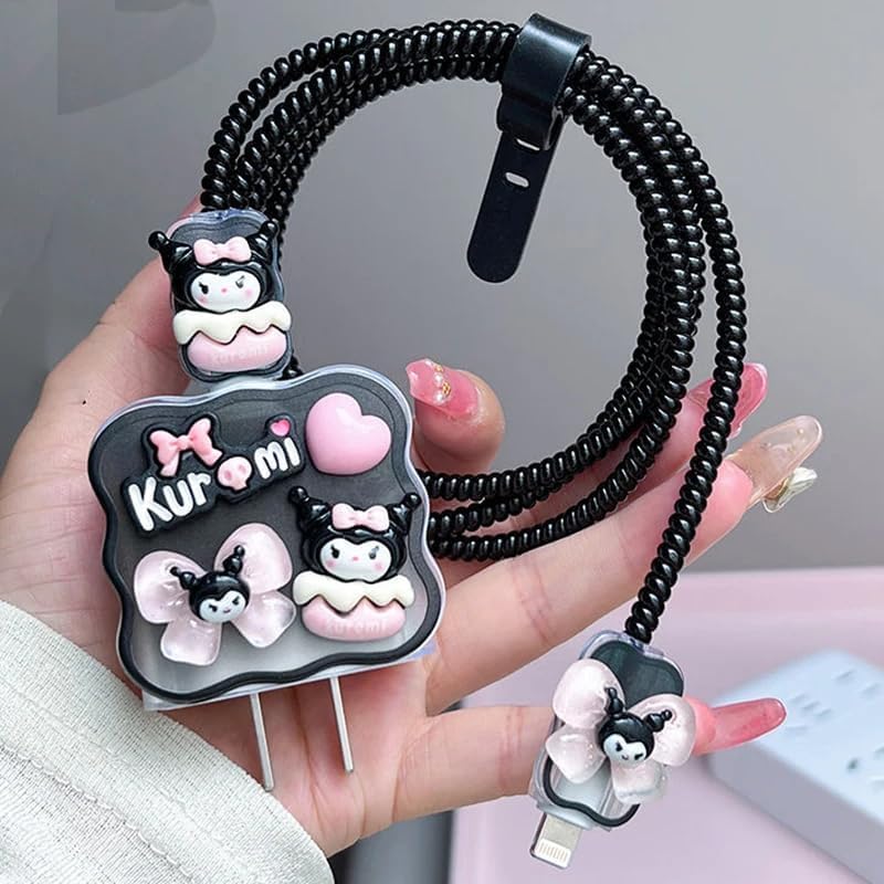 Image of Dezet for iPhone Charger 18-20W Cute Cartoon Charging Cable Protector Set for iPhone Fast Charging USB Cable with Protective Silicone Cover & Organizer Clip Stylish Design (KOROMI NEW 2nd)