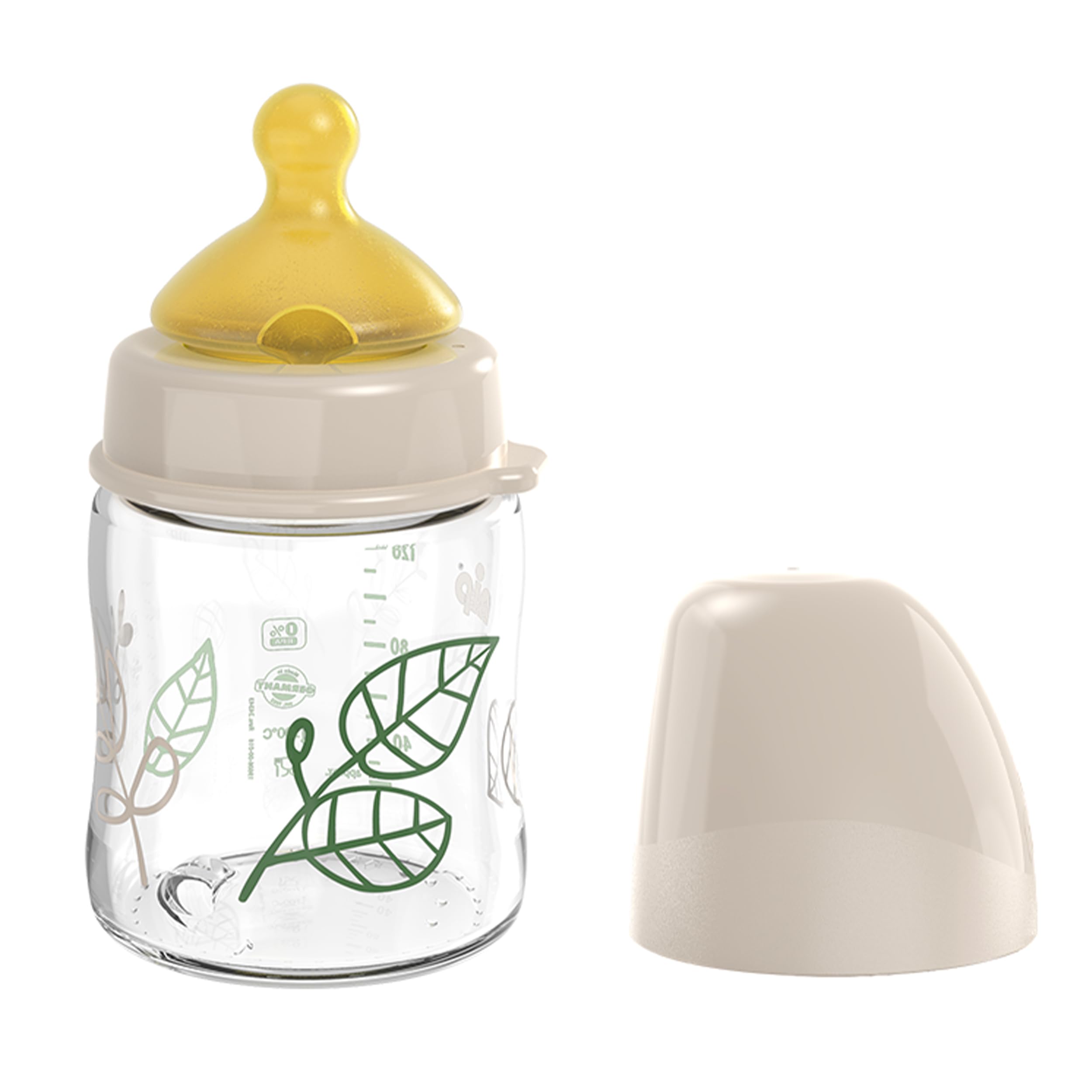 nip Wide Mouth Baby Bottle with Valve for Optimal Air Flow and Two Natural Rubber Teats Breastfeeding Friendly Baby Bottle Made of Shatterproof Glass Size S 120 ml Brown