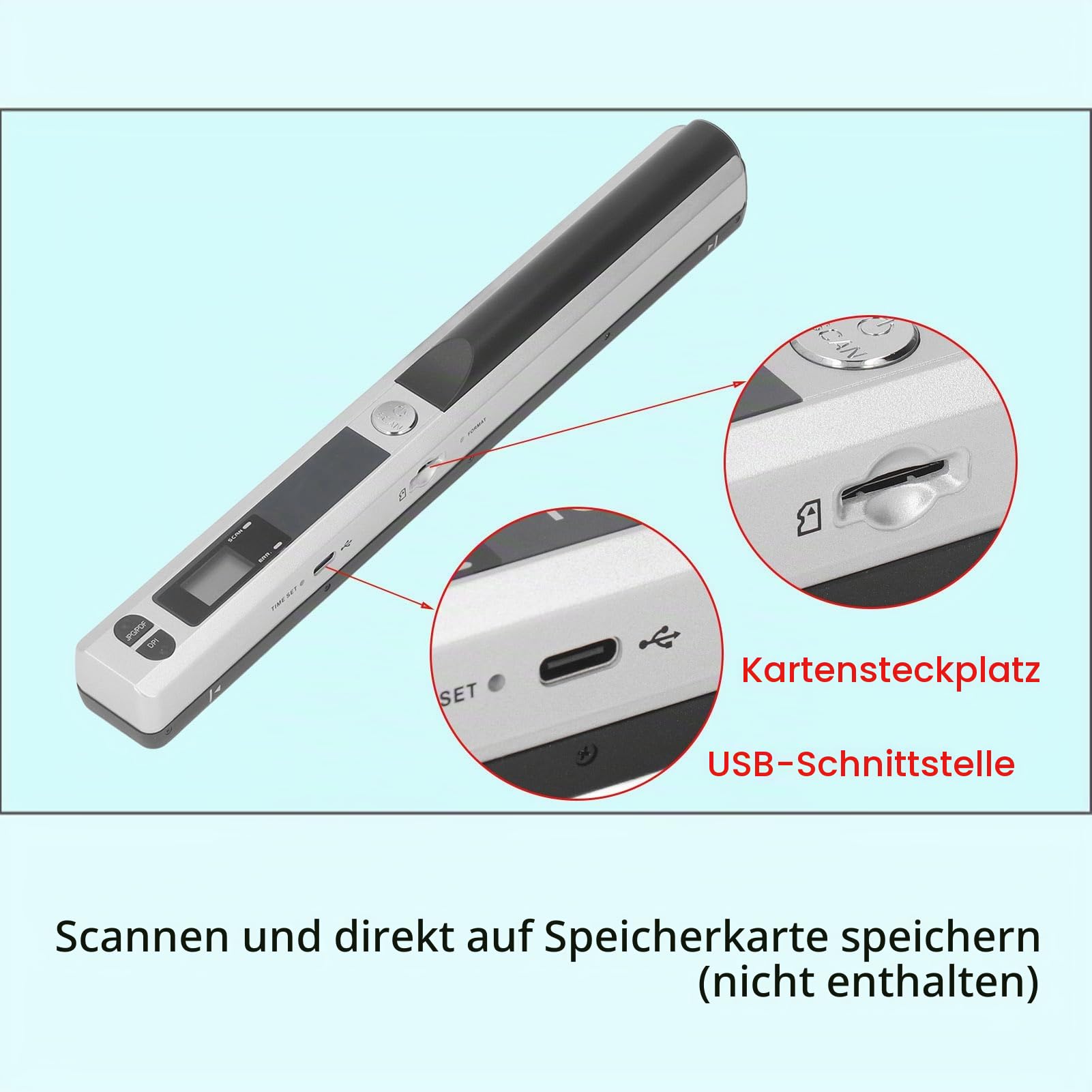 Tragbarer Scanner, Kabelloser Mobiler Dokumentenscanner, Handfotoscanner mit USB-Kabel, Visitenkarten- und Quittungsscanner für PC, Fotos, A4, Dokumente, Bilder, Bücher (Silver)