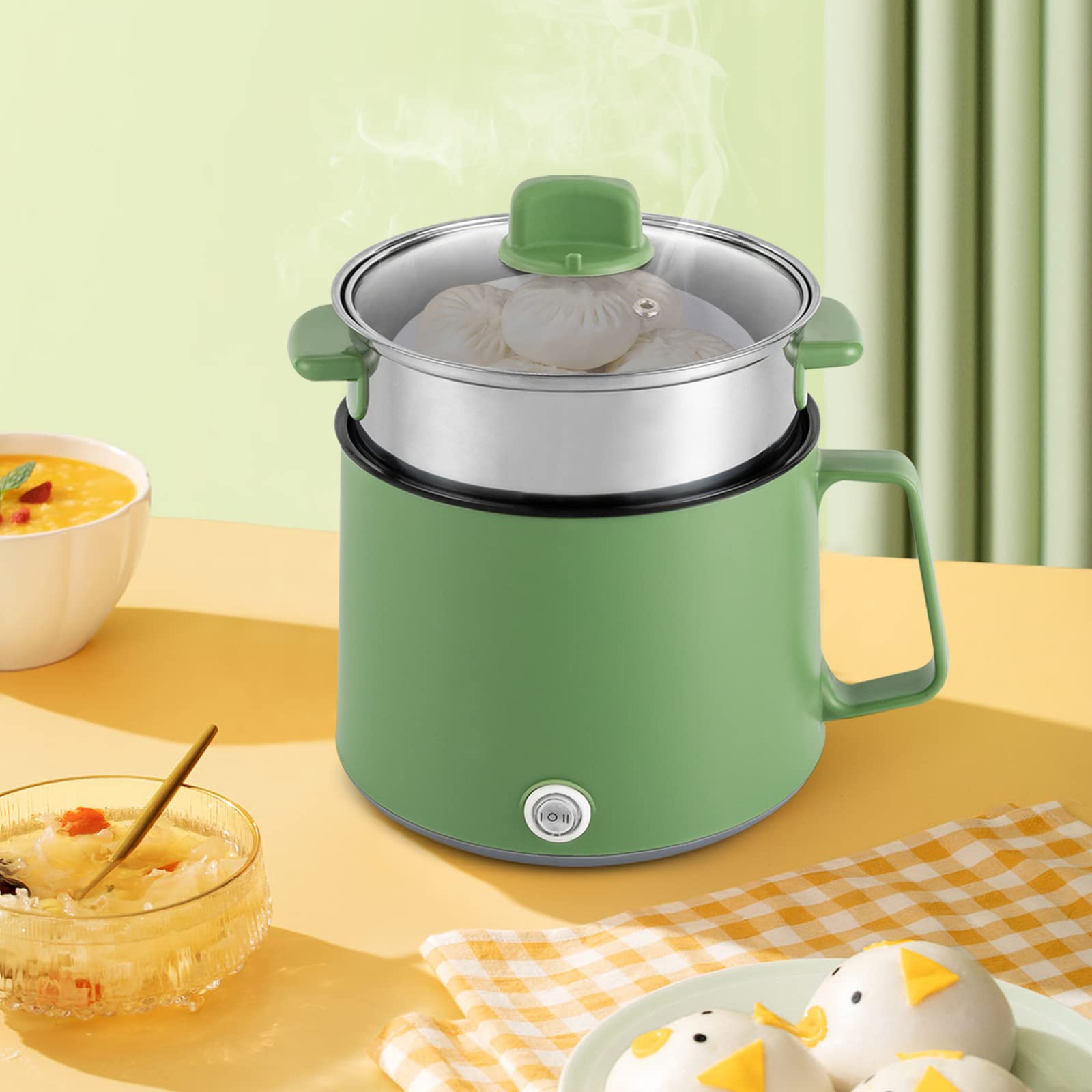 Olla eléctrica de 1,7 l, 300 W y 600 W, doble potencia, vaporizador y revestimiento antiadherente, enchufe de la UE, ideal para hotpot y viajes, color verde