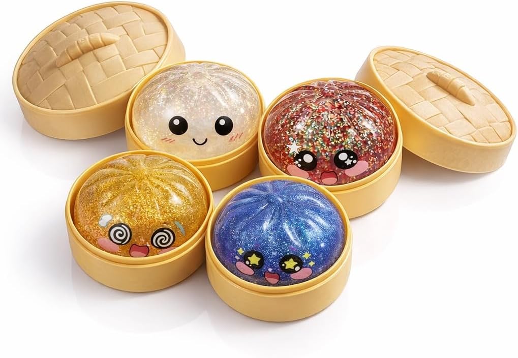 4-Pack Squishy Dumpling Bun Stress Balls - Glitter Colors Fidget Sensory Toys with Kawaii Face for ADHD - Slow Rising Squeeze Stress Reliever for Adults
