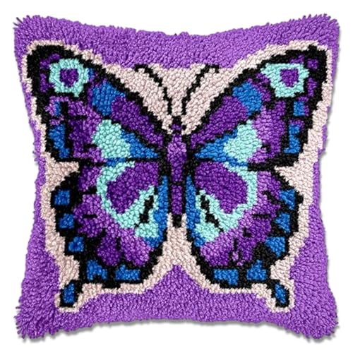 Komergave Knüpfen Set 43x43cm Knüpfkissen mit Schmetterling Motiv Knüpfteppich zum Selber Knüpfen für Erwachsene und Kinder DIY Gehäkelter Kissenbezug für Wohndekoration