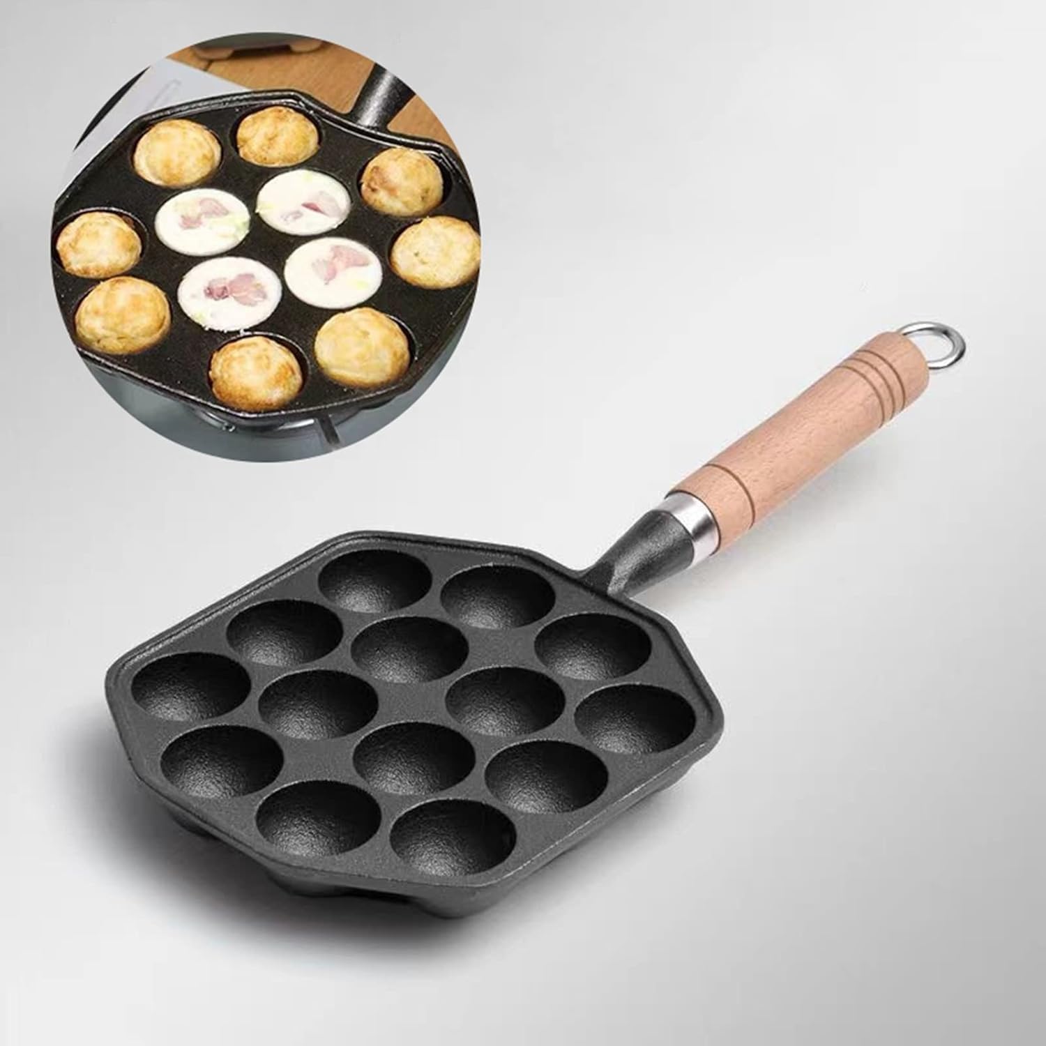 Amazon | Skrnoai 鉄鋳物 たこ焼き器 木柄 14穴 たこ焼き キッチン IH