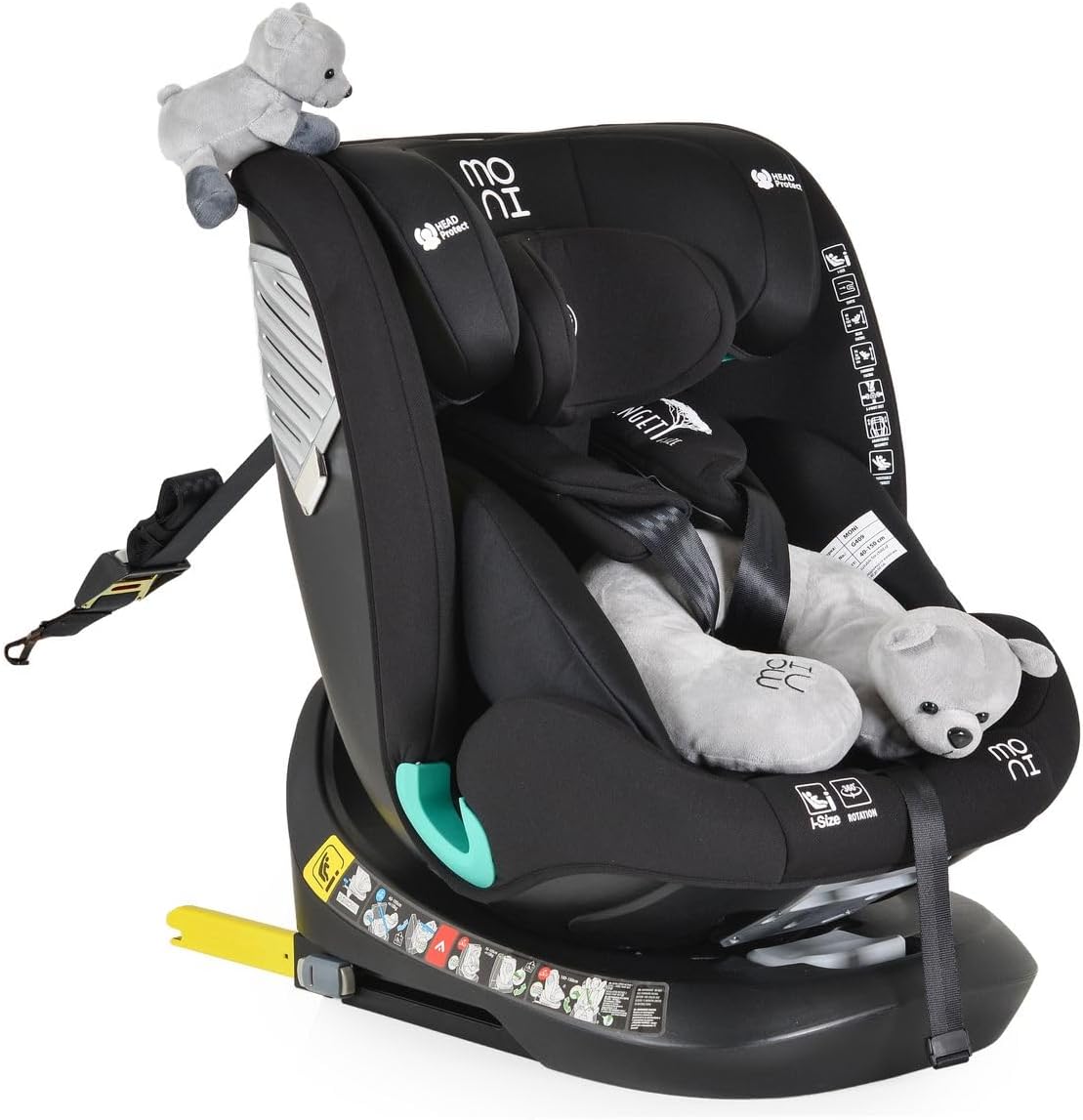 Close-up of the Moni i-Size Serengeti Car Seat showing the 5-point harness and the i-Size label, with an infant insert visible.