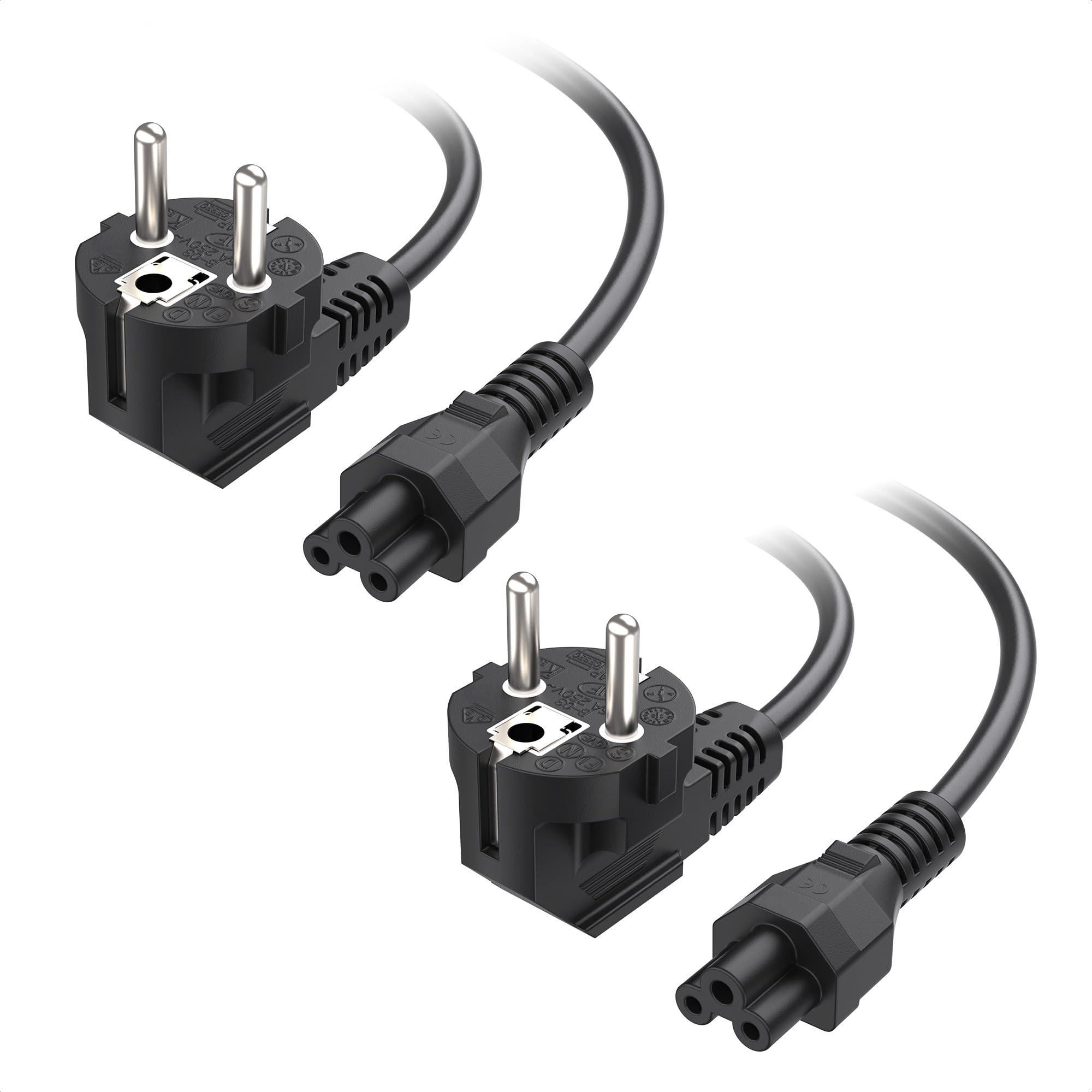 Cable Matters 2-pak (2 szt.) kabel zasilający 3-żyłowy 2 m, wtyk kątowy CEE 7/7 (Typ E/F) do IEC C5 (koniczynka), czarny
