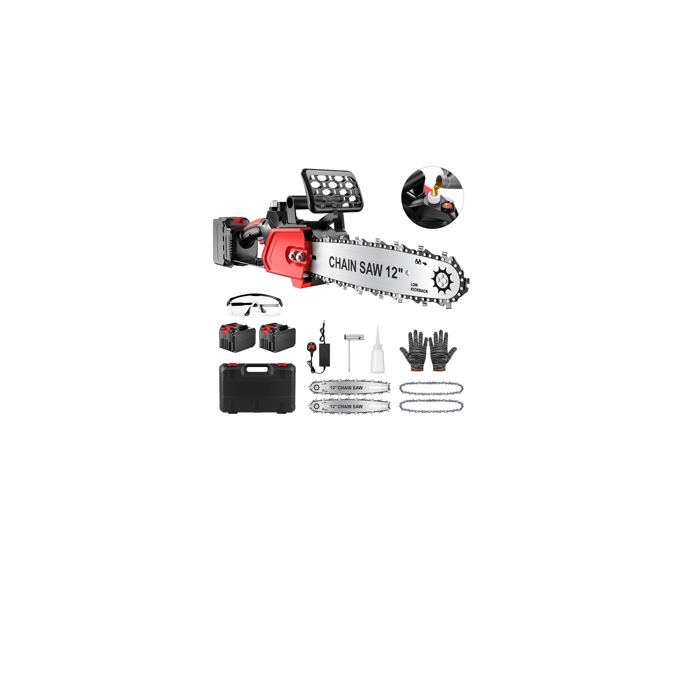 Motosierra eléctrica, motosierra inalámbrica de 12 pulgadas, velocidad de cadena de 15 m/s, con 2 baterías recargables de 5.0 Ah, 2 cadenas y cadena y barra guía, motosierras de mano para cortar