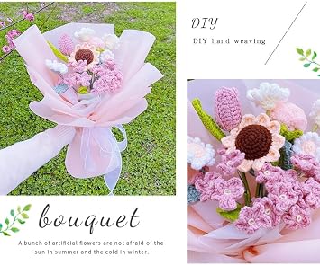 ハンドメイド シミュレーション ブーケ ニット 糸 花 手編み ホームデコレーション Diy ギフト 不滅の花 色: ピンク サイズ: Diy 素材 ピンク Diy 素材