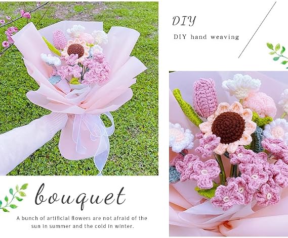 ハンドメイド シミュレーション ブーケ ニット 糸 花 手編み ホームデコレーション Diy ギフト 不滅の花 色: ピンク サイズ: Diy 素材 ピンク Diy 素材