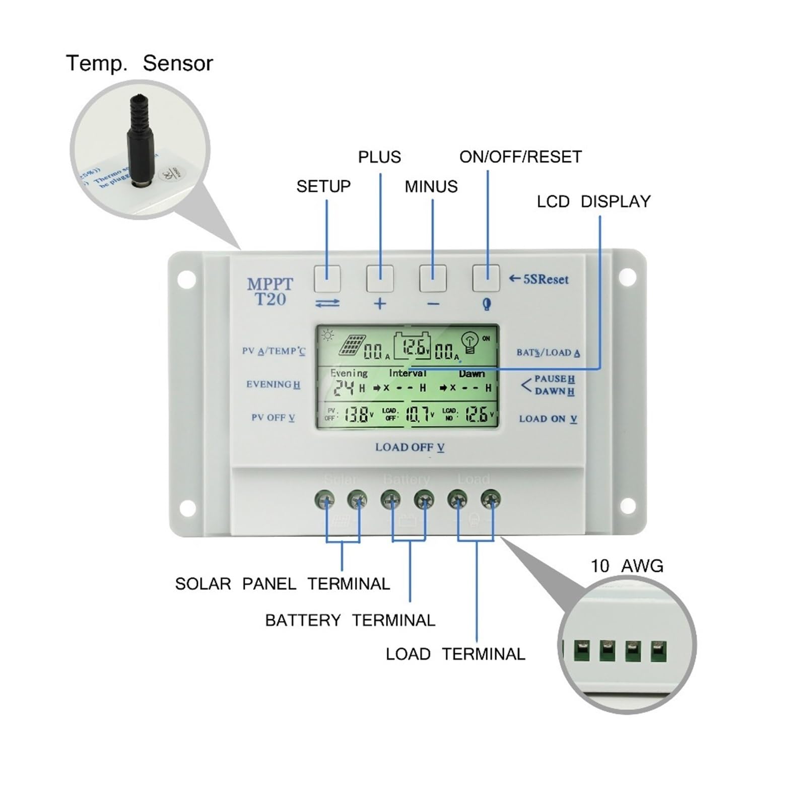 Contrôleur De Charge Solaire 20A, Panneau Avec Écran LCD 12V/24V, Fonction Double Minuterie Automatique, Régulateur T20