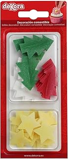 dekora – 26 Décorations Comestibles en Azyme Noël, Étoiles Jaunes et Sapins Colorés, Décoration Gâteau Noël pour Cupcakes, Biscuits et Maison Pain d’Épices