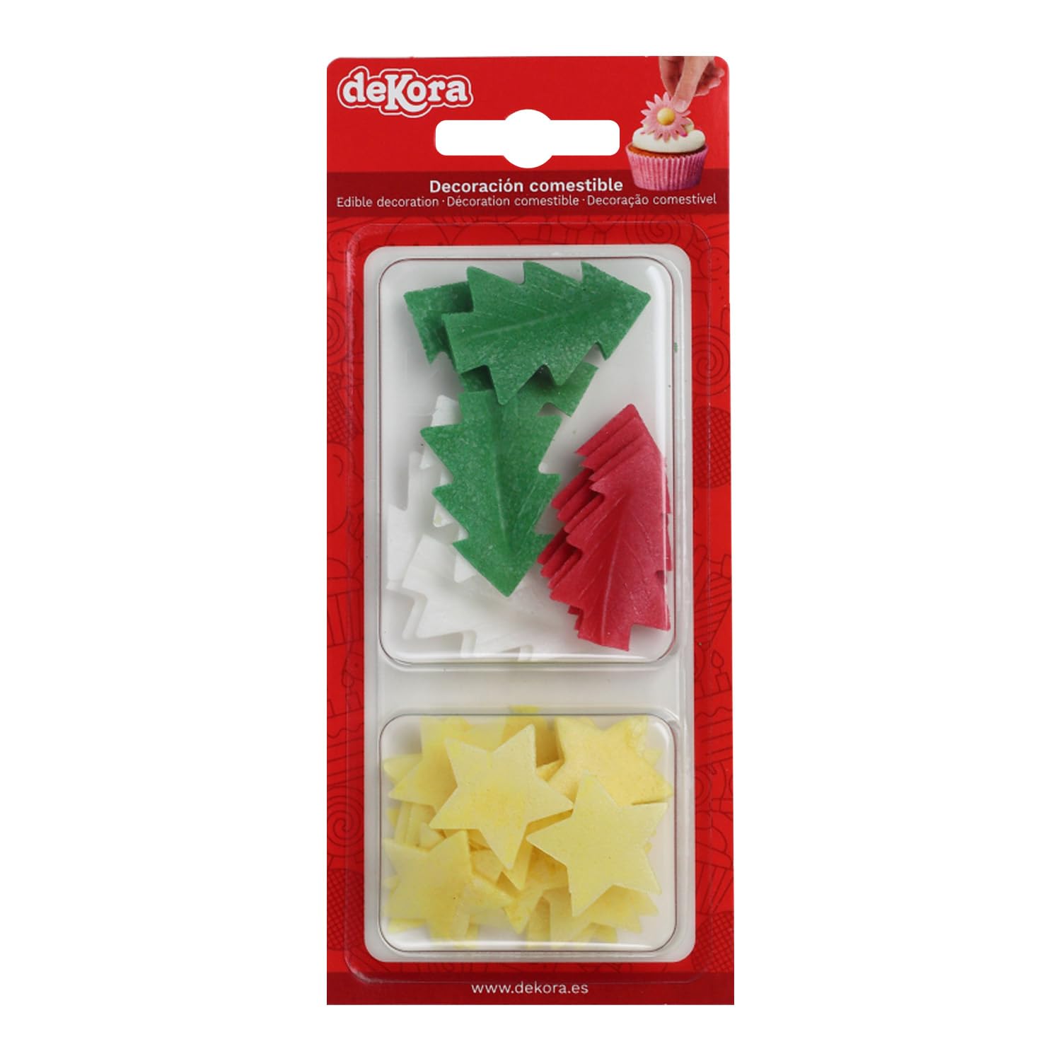 dekora – Edible wafer Christmas decorations, stars and trees, 26 pieces, easy to apply on cupcakes, cakes and festive desserts