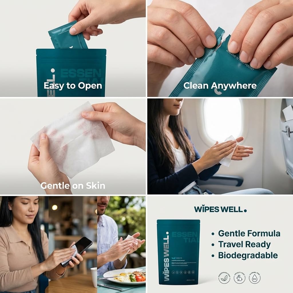 Essentials Hygiene Wipes – 21 Count – Fragrance-Free, Individually Wrapped, On-the-Go Clean, Infused with Aloe - pH Balanced - Paraben and Alcohol Free (Pack of 1)