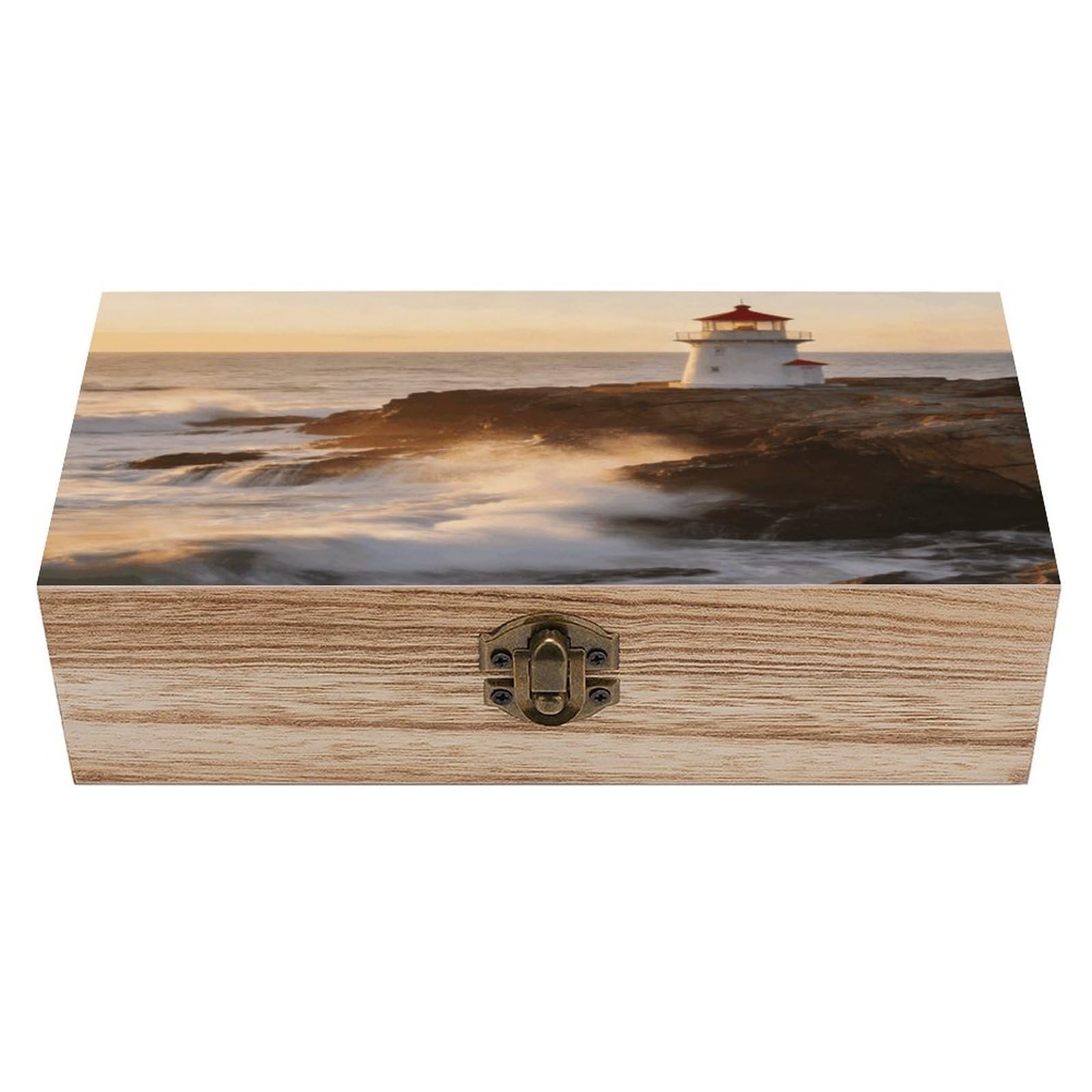 LZQPOEAS Lighthouse Waves Wooden Keepsake Box Wooden Storage Box Container with Hinged Lid Beautiful Wood Memory Box Decorative Jewelry Case for Crafts Art Hobbies & Trinket Storage