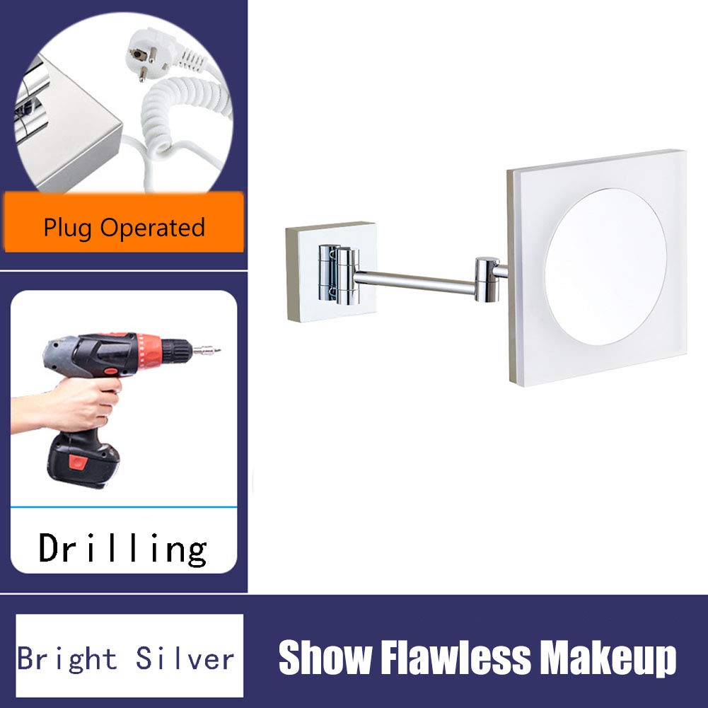 Espejo de maquillaje montado en la pared con Luces LDE, Espejo de baño de pared con lupa, Espejo de Una Cara, giratorio de 360 grados, brazo extensible, Acero inoxidable, para Niñas (enchufe
