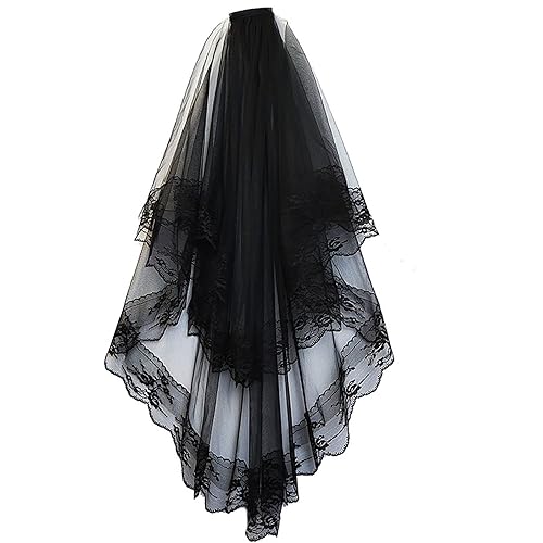 Acenail Black Veil Brides Wedding Veils Lace Short Bridal Veil Fingertip Women’s Veil Halloween Veil 2T Veil with Comb