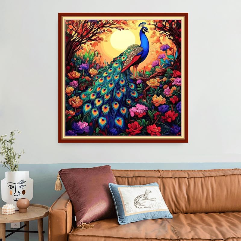 Image of Foxhool Beginners Cross Stitch Kits Stamped Full Range of Embroidery Kits for Adults DIY Cross Stitches kit Embroidery Patterns for Needlepoint kit-Peacock Flower 18x18 inch