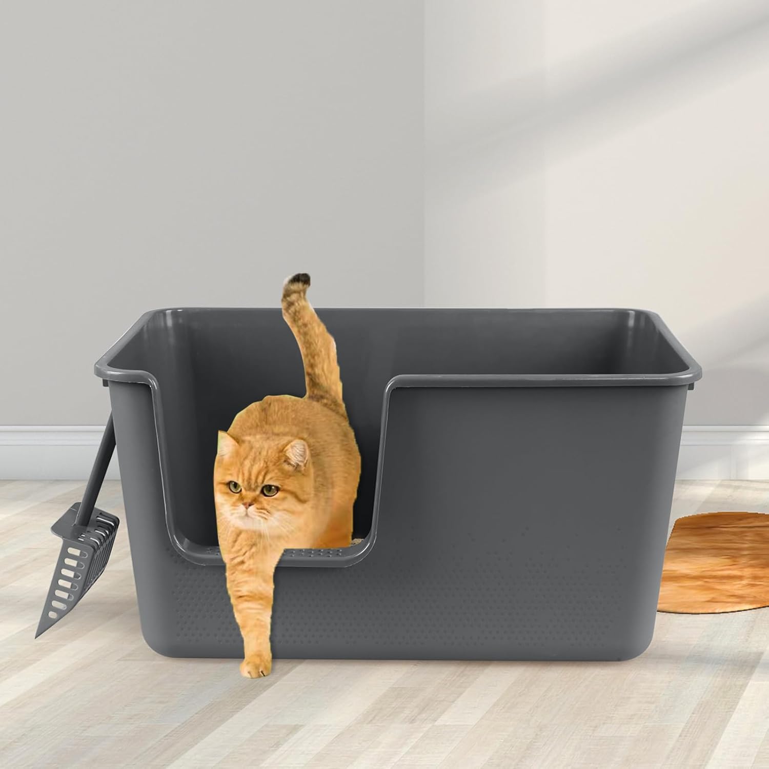 2 Pack Large Cat Litter Boxes with Free Scoops, Plastic High Side Pet Litter Pans, Gray