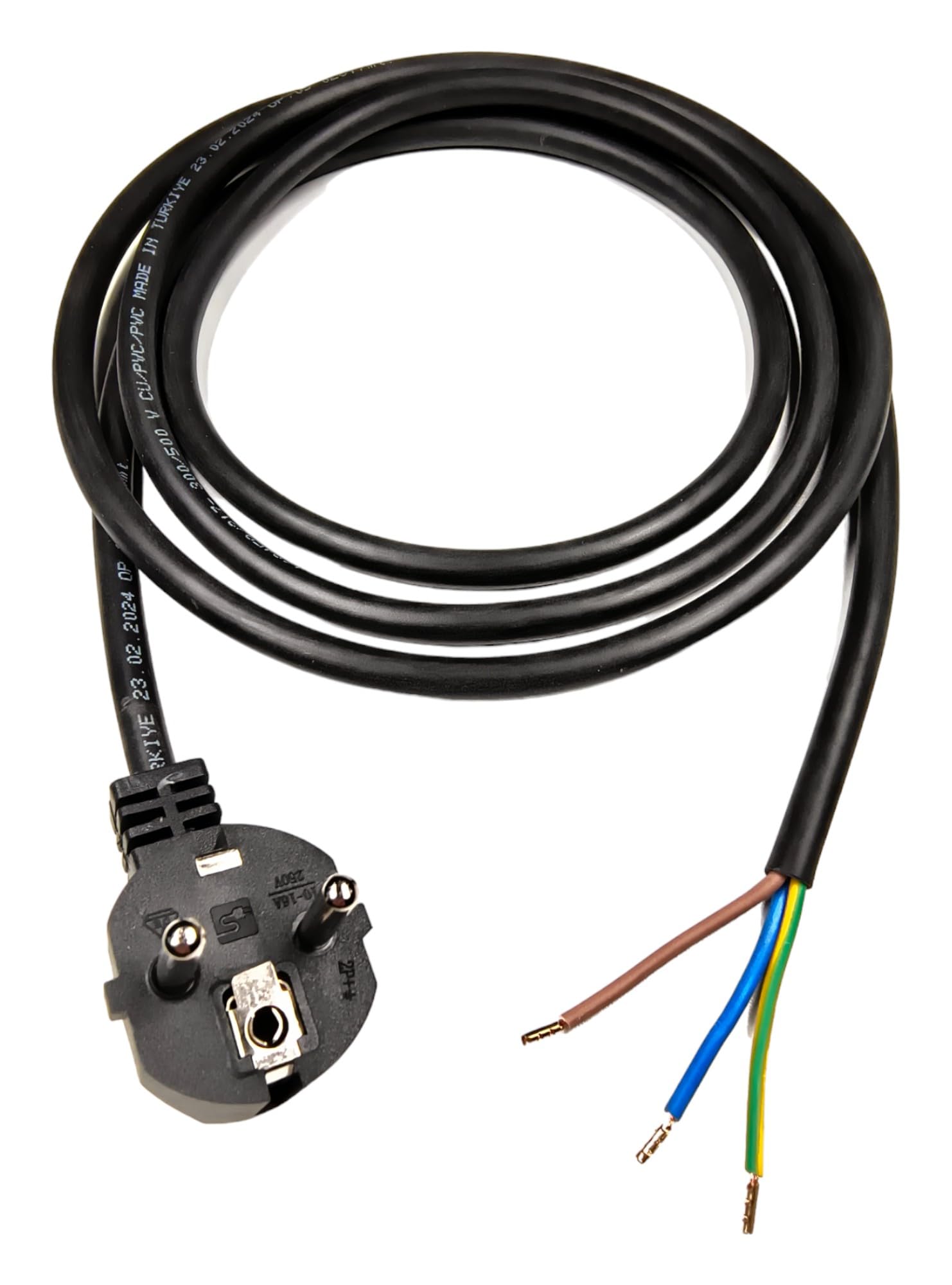 Stromkabel mit Aderendhülsen, Stecker 230V, 16A, 2 Meter, Anschlussleitung mit Schuko, Anschlusskabel, Schutzkontakt-Zuleitung, Adapter-Kabel mit Aderendhülsen, IP20, Schwarz