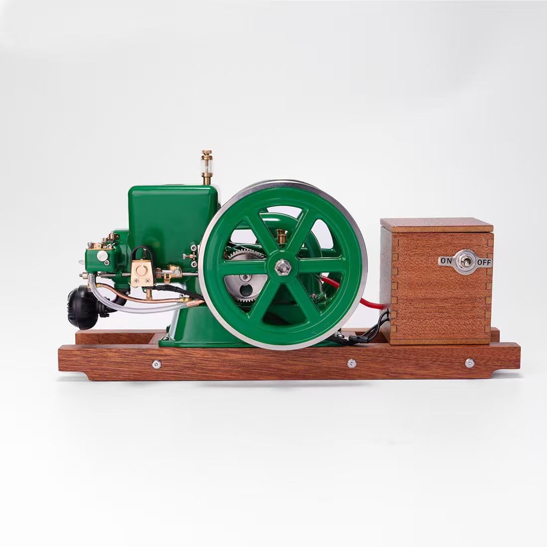 Benzinmotor-Modellbausatz, Retrol & OKMO Miniatur-Einzylinder-4-Takt-wassergekühlter horizontaler Benzinmotor mit Holzdisplayständer & Zündanlage, Retro-industrielles mechanisches Sammlerstück
