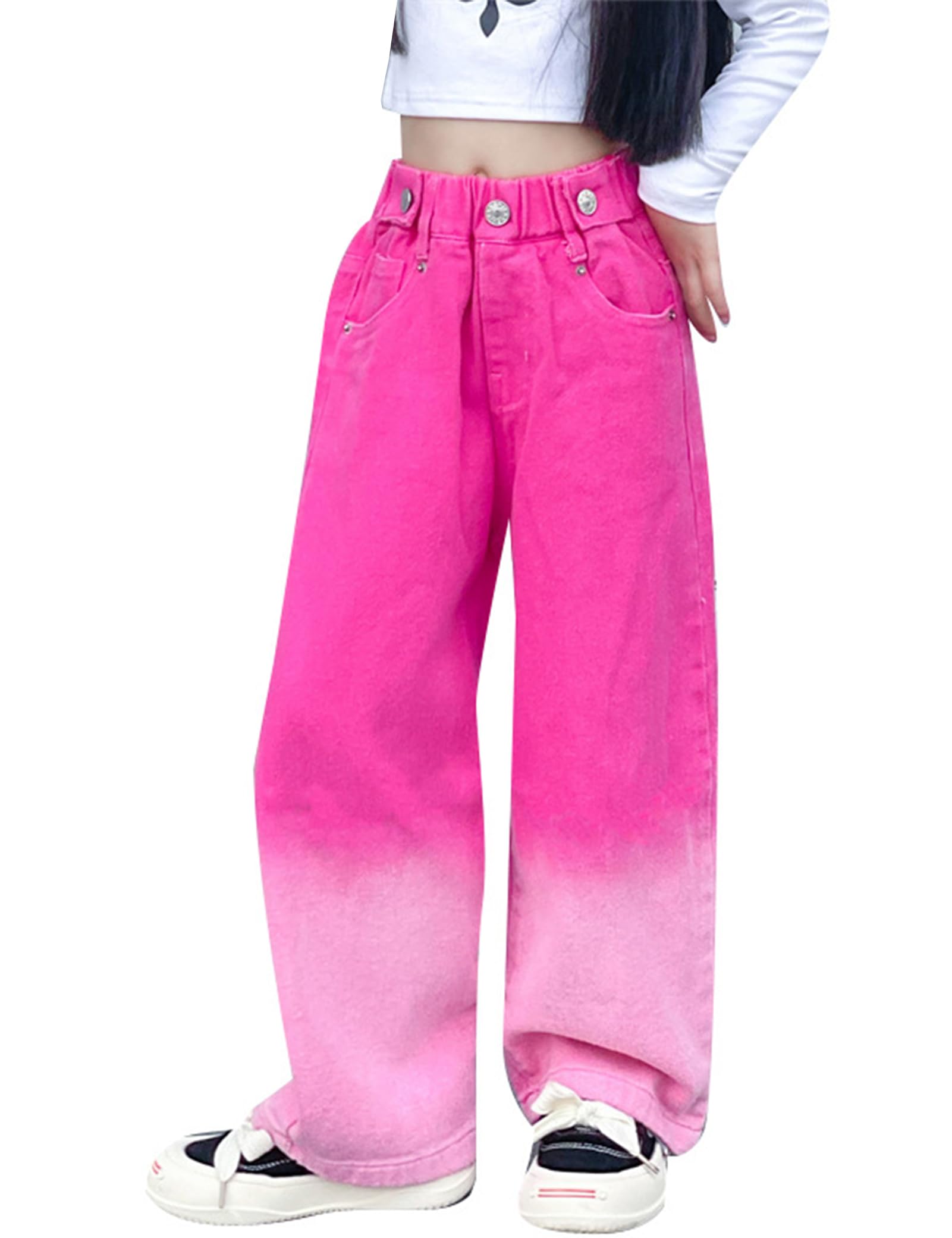 Kiench Mädchen Baggy Jeans Hose Weites Bein Pull-On Pants mit Taschen