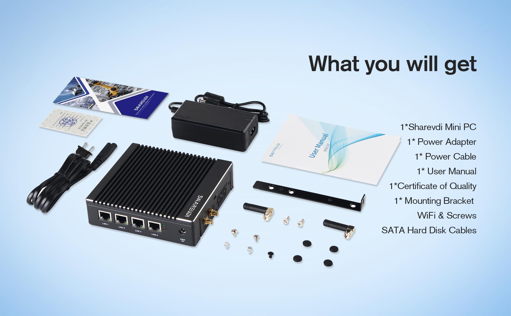 Sharevdi Fanless Firewall Appliance 6X Intel i226 LAN Firewall Mini PC Intel N3710 4C/4T,DDR3 mSATA SSD, Network Gateway Soft Router, Test with P-F-Sense/OPN-Sense AES NI HD/Type-C/SIM Card/TF/Wi-Fi: N3710/8 GB DDR3/64 GB SSD/4 LAN