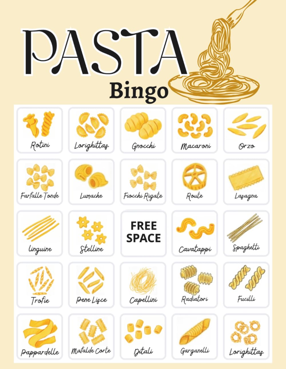 Pasta Bingo: 32 player foodie game for Italy lover, Italy bingo Gift For Travel, Birthdays, Festa della Repubblica celebration