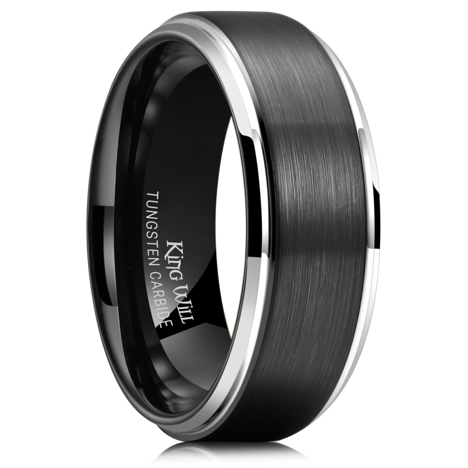 King Will Mens Brushed Wedding Band, Two Tone Matte Step Edges/Pipe Cut, Tungsten Carbide Anniversary Promise Rings Comfort Fit