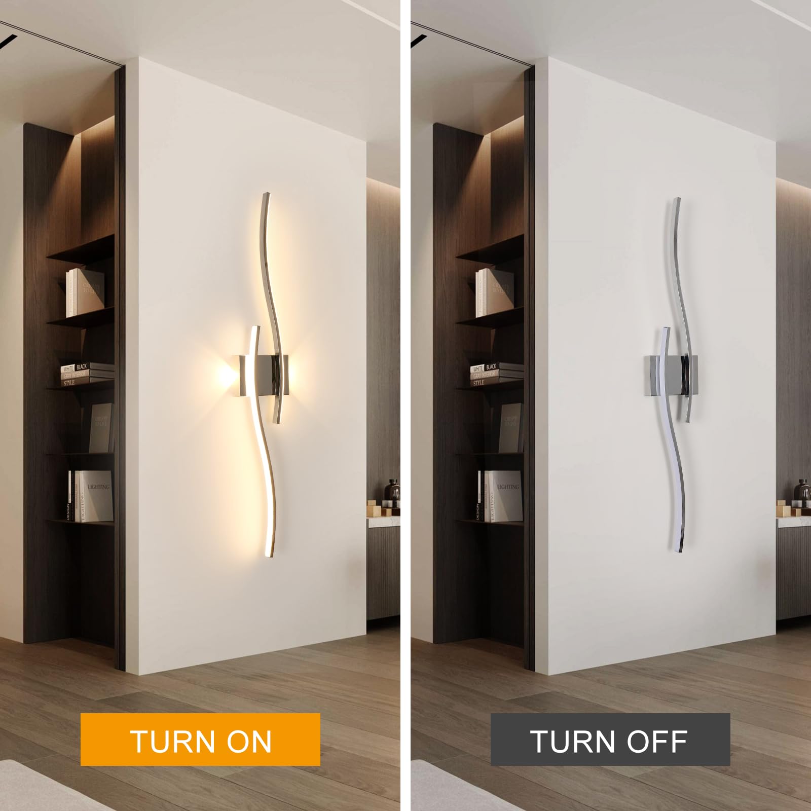 Comely Wandlampe Innen LED Moderne, Wandleuchte up and down 27W 3000LM, Gebogene Design Wandleuchten Silber für Wohnzimmer Schlafzimmer Treppenhaus Flur, Warmweiß 3000K