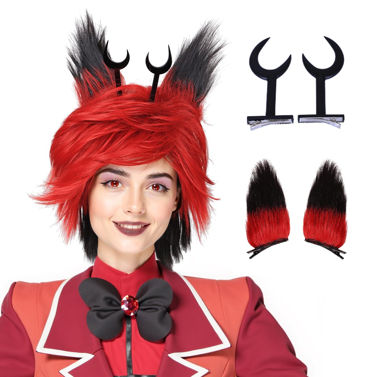 FantaLook Short Red and Black Cosplay Wig with Devil Horns and Ears for Halloween and Cons